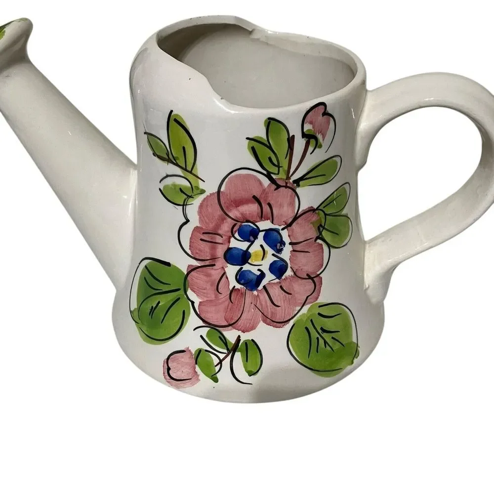 Vintage Italian Planter Watering Can Flower Pot Hand Painted Floral‎